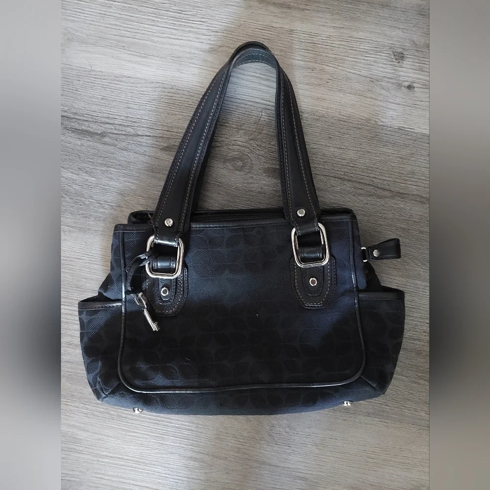 Vintage Fossil black Canvas & leather 2 strap shoulder bag purse w/ Key charm